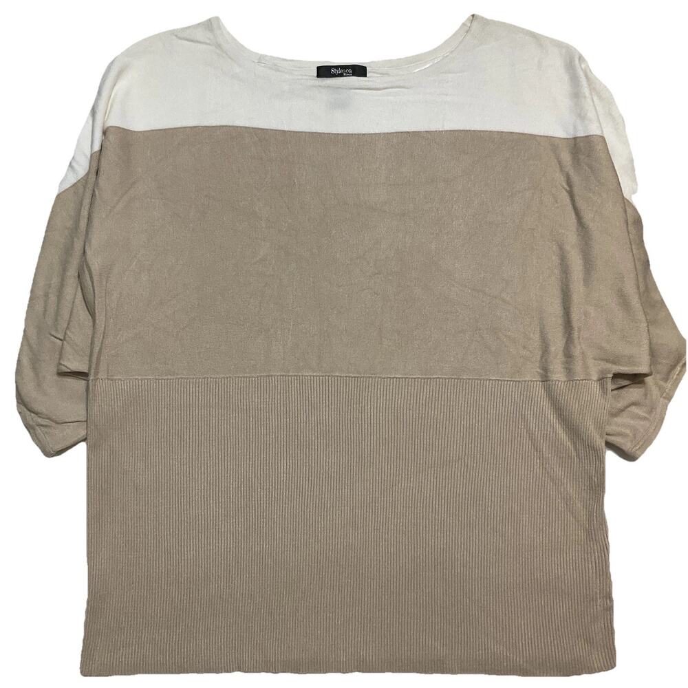 Style & Co. Women Shirt XL Beige Rayon Colorblock Crew Neck 3/4 Sleeve Sweater